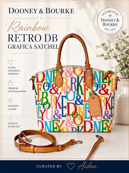 Dooney & Bourke Handbags - Dooney & Bourke Rainbow Retro DB Grafica Satchel Crossbody Canvas Leather Large